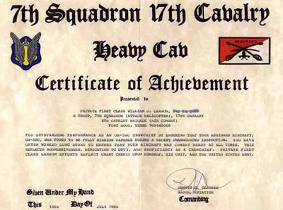 7th Squadron 17th Cavalry Heavy Cab - Certificate of Achievement