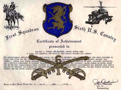 First Squadron Sixth U.S. Cavalry Certificate of Achievement